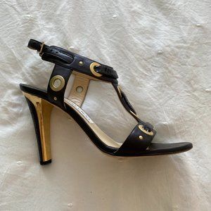 Jimmy Choo Black and Gold Grommet 85 Sandal Heel
